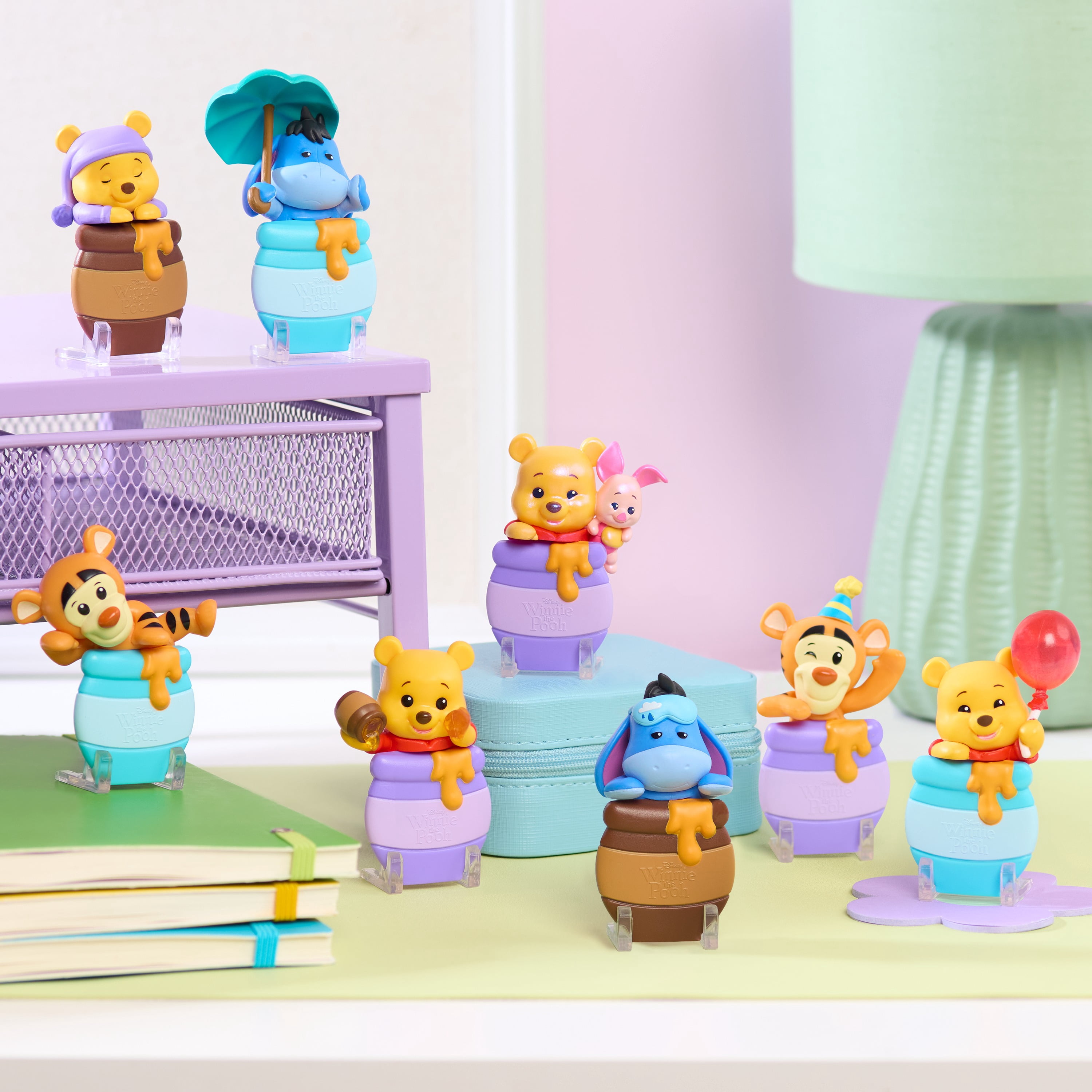 Disney Winnie the Pooh Attachmeez Blind Box Collectible Figure with Display Stand, Hangs off Books, Phones & More