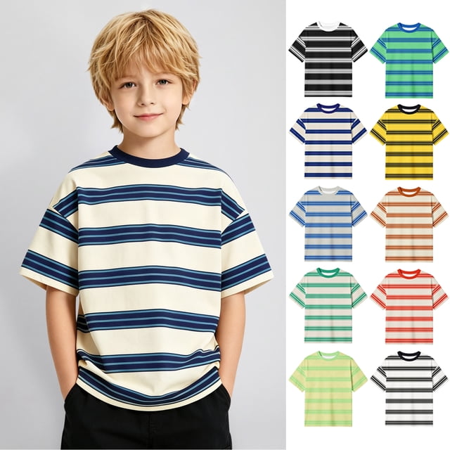WENXIAOO Chemise à Manches Courtes Rayée pour Garçons, Col Rond Décontracté, Haut Basique d'Été, Taille 3T-13Y
