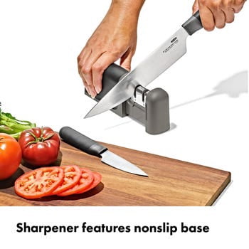 OXO 3-Piece Kitchen Knife and Knife Sharpener Set, Stainless Steel Prep Knives for Everyday Food Prep