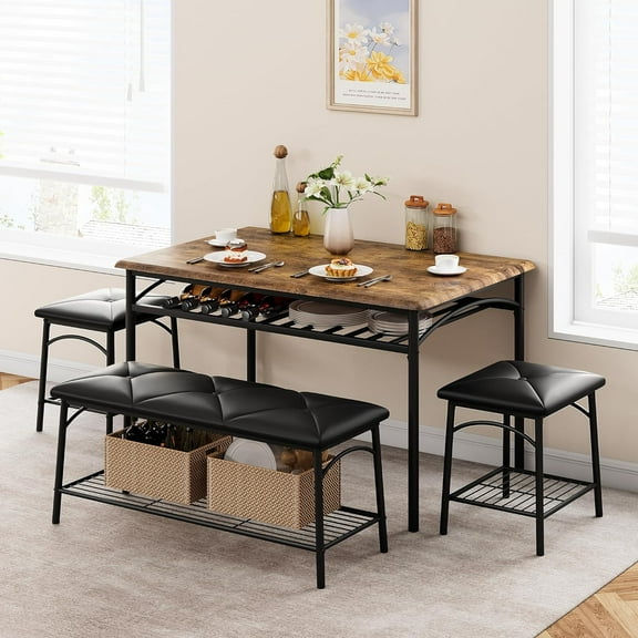 Dining Table Set for 4 - Kitchen Table Set of 4 with Upholstered and 2 Square Stools 4 Piece Dining Set with Storage Shelves Dining Furniture Set for Small Space Apartment
