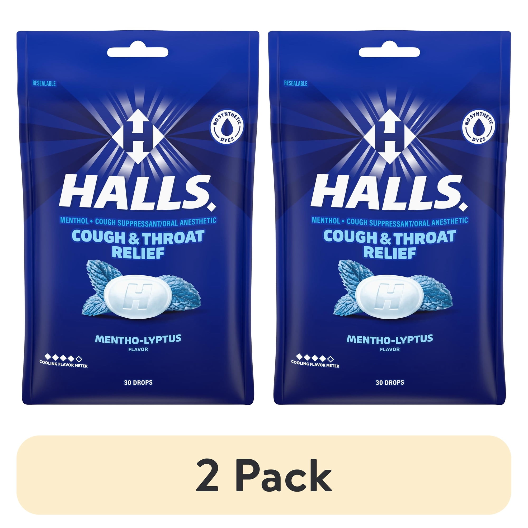 (2 pack) HALLS Cough & Throat Relief Mentho-Lyptus Cough Drops, No Synthetic Dyes, FSA/HSA Eligible, 30 Drops