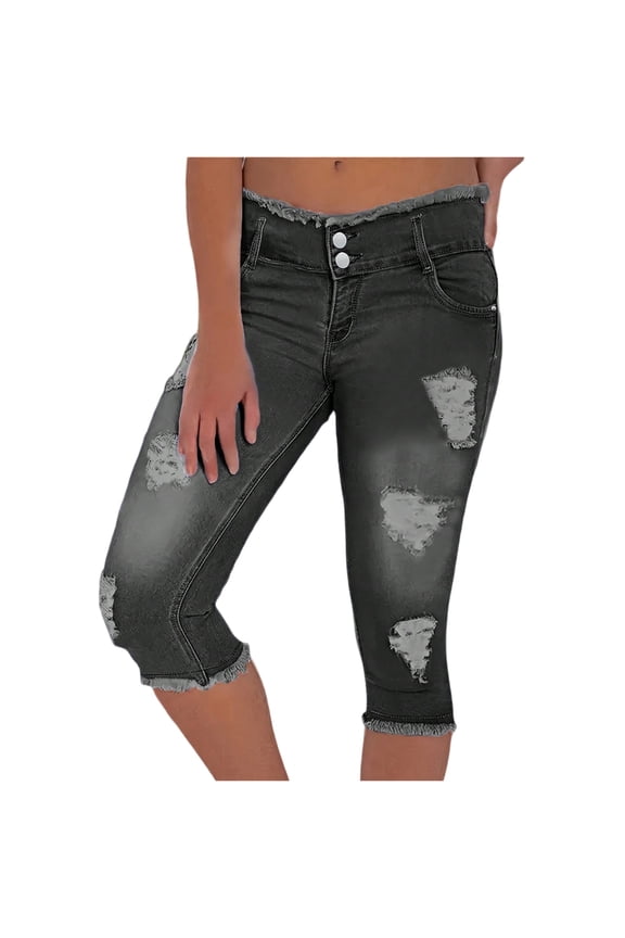 Capri Jeans for Women Stretch Low Rise Ripped Distressed Denim Capris Raw Hem Skinny Cropped Jeans Pants Black L