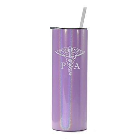 

20 oz Skinny Tall Tumbler Stainless Steel Vacuum Insulated Travel Mug Cup With Straw PA Physician Assistant Caduceus (Purple Iridescent Glitter)