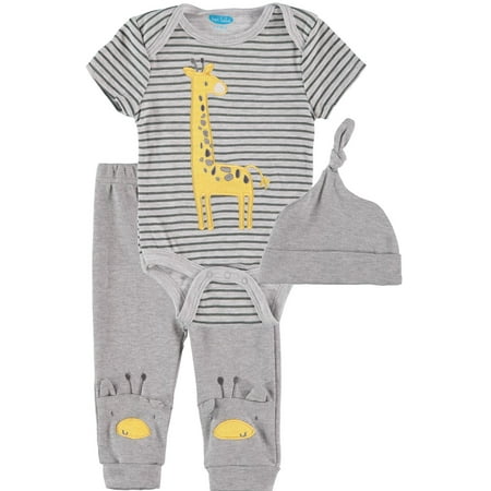 Bon Bebe Boys 0-9 Months Giraffe Bodysuit Pant Set with Matching Cap(Grey 0-3 Months)