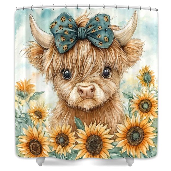 Highland Cow Shower Curtain, Funny Anmial with Bow,Farmhouse Sunflower Bath Curtain,with,12pcs Hooks,69X70 in