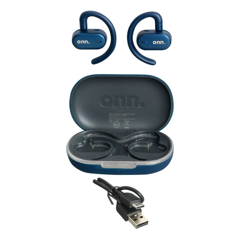 onn. Wireless Open Ear Earphones with Environmental Noise Cancellation Microphones Charging Case Blue