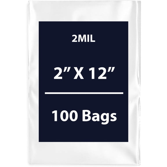 Clear Flat Poly Bags, 2Mil 2" X 12" & 100 Bags | Low-Density Polyethylene (LDPE), Flat Open Top Plastic Packaging Packing | Flexible and Durable Plastic Bags