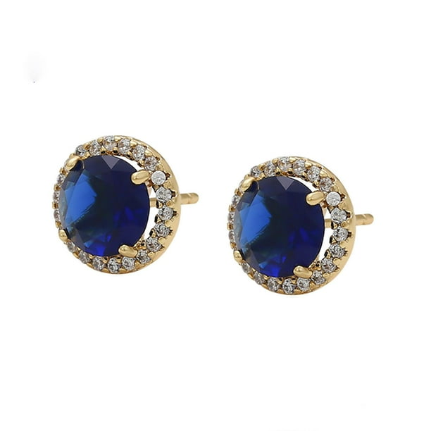Finos Aretes Broquel Zafiro Swarovski Dama Oro 14K Laminado dorado Unitalla