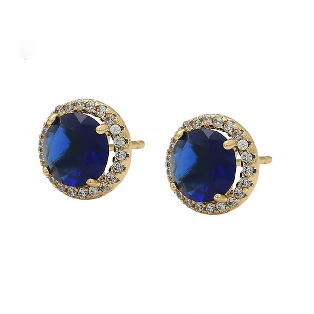 Finos Aretes Broquel Zafiro Swarovski Dama Oro 14K Laminado dorado Unitalla