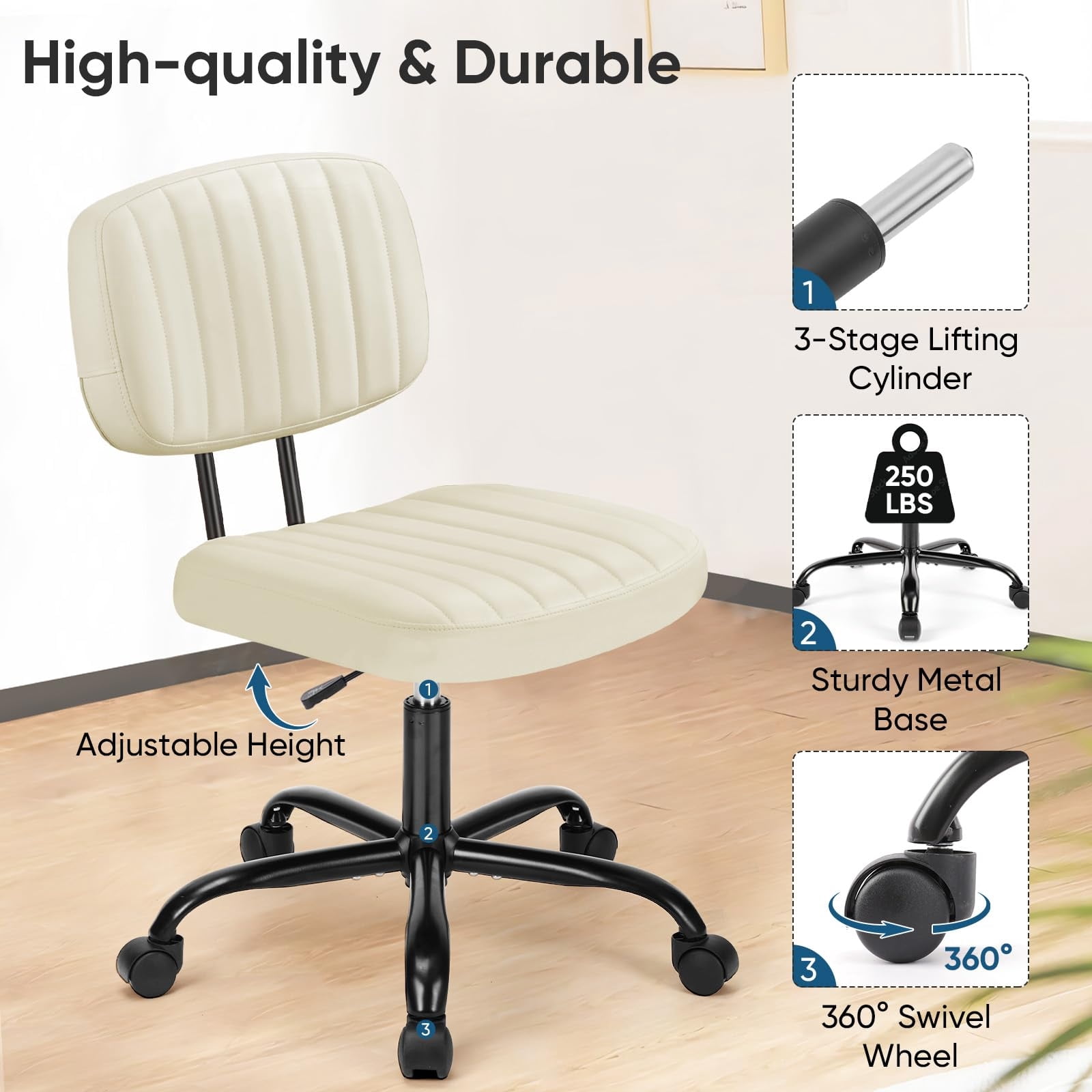 Telyra Armless Office Chair Adjustable PU Leather Desk Chair with Wheels Padded Low-Back Swivel Vanity Chair, Beige