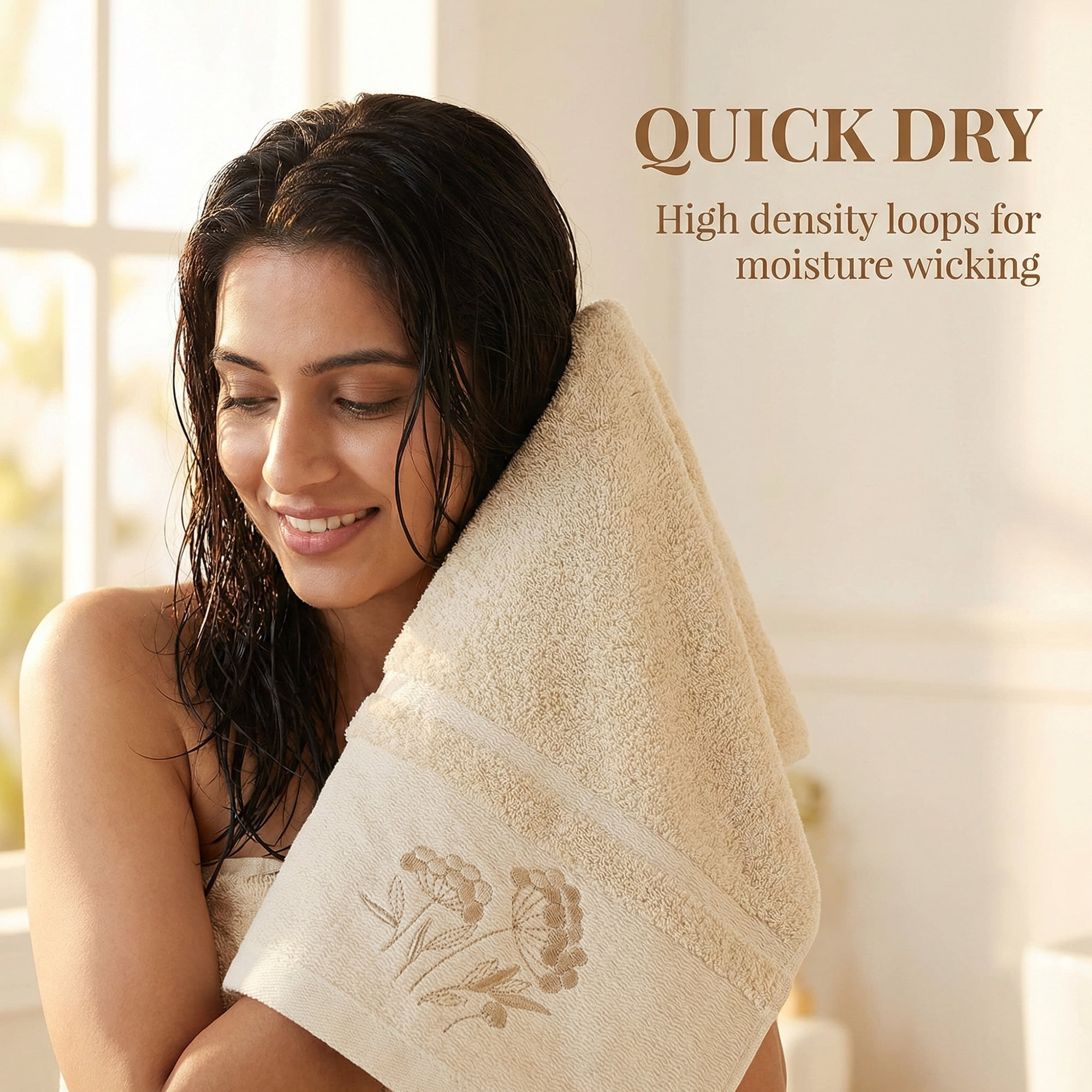 Unique Bargains Floral Embroidered Soft Hand Towel Set Light Brown 4pk