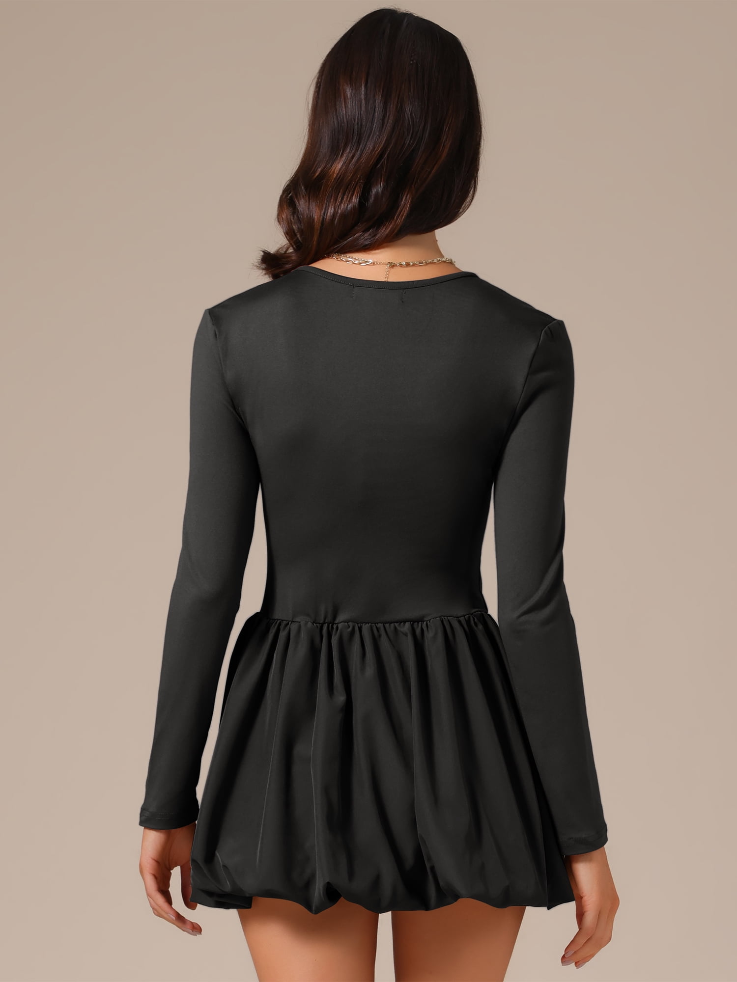 DARING DIVA Women's Scoop Neck Long Sleeve Slim Fit Bubble Skirt Dress M Black