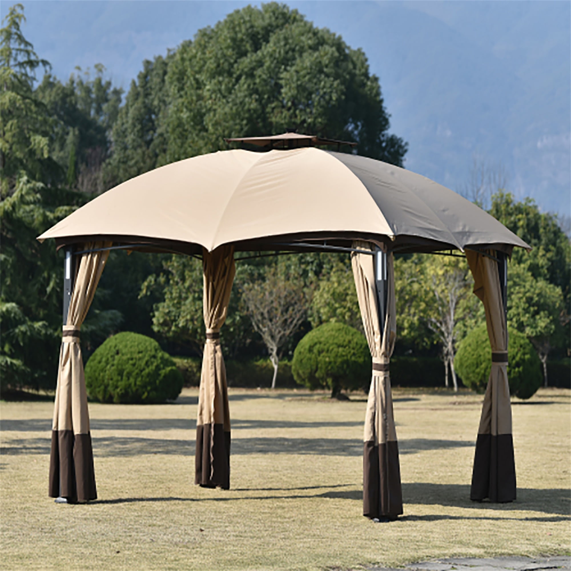 Kepooman 10' x 12' Outdoor Gazebo with Mesh and Curtains, Patio Gazebo Tent with LED Lights for Lawn, Garden, Backyard, and Patio