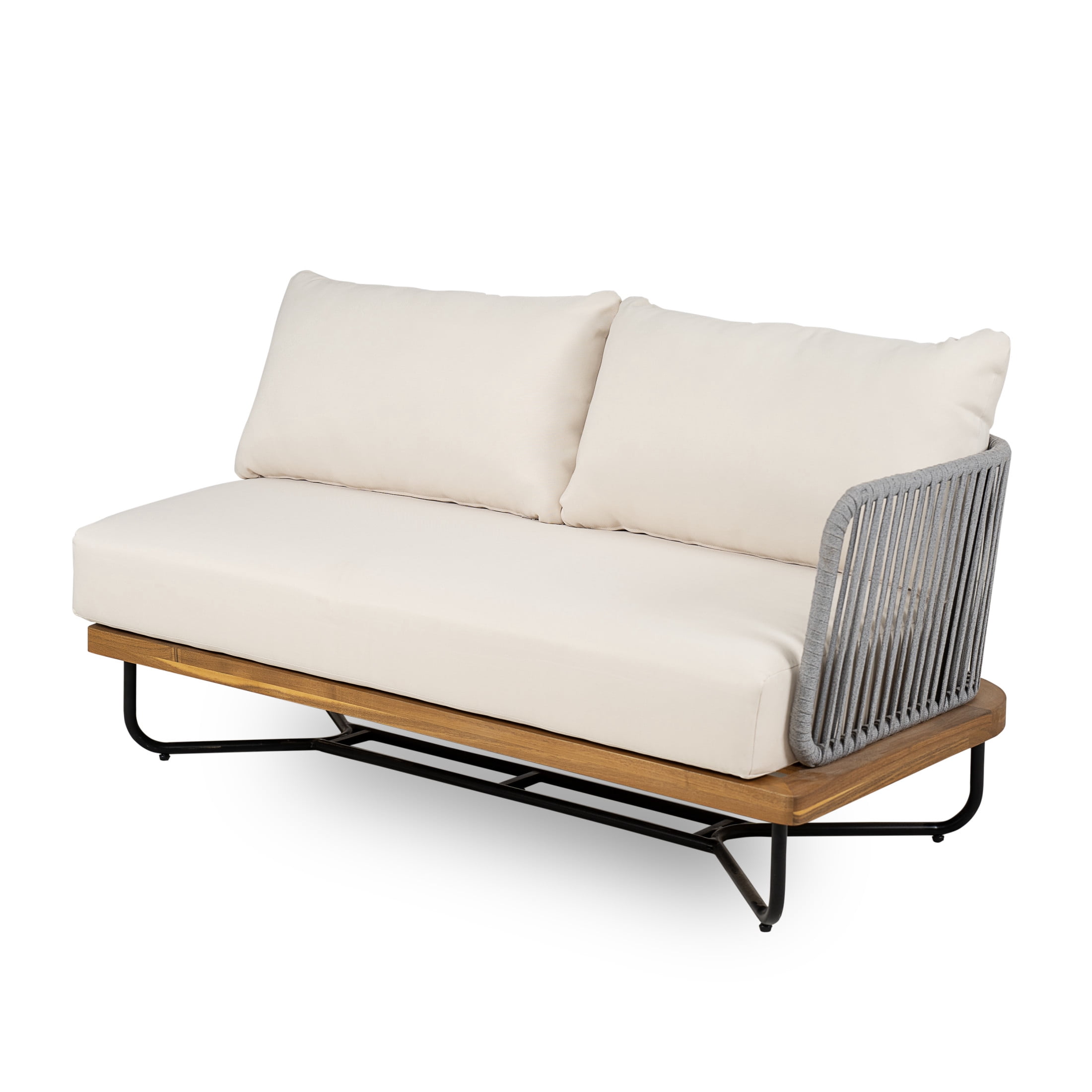 Christopher Knight Home 4-Piece Outdoor Sofa Set with Wood Table, Gray Rope Woven Chairs, 6-seat Metal Sectional, Beige