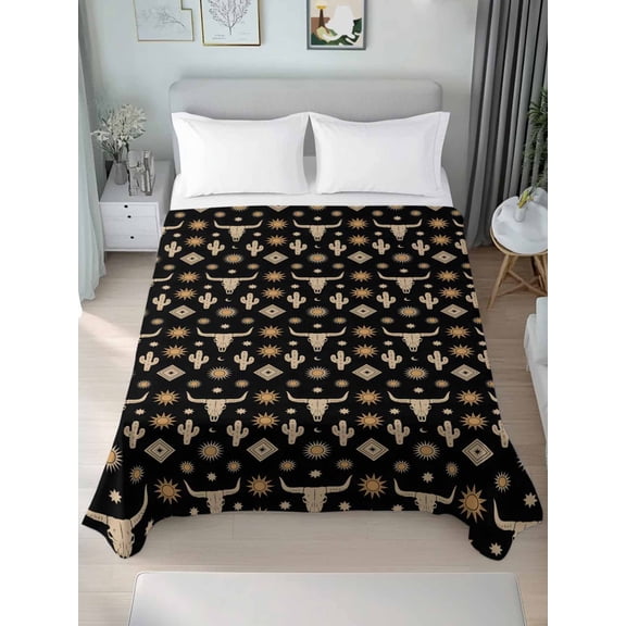 Western Cowboy Full Size Flat Sheet, Wrinkleproof & Fadeproof Cooling Flat Bed Sheet Only, Country Cow Head Cactus Sun Vintage Breathable Soft Bedding Top Sheets 81 x 96 Inches