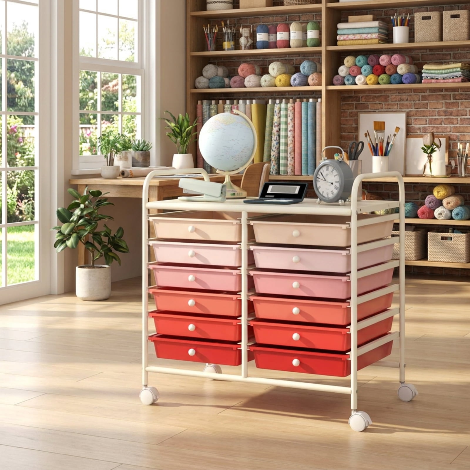 Furnibear 12 Drawers Rolling Storage Cart for Home and Office Multi Organizer for Craft Room Classroom, Pink