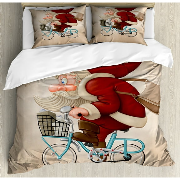 Christmas Duvet Cover Set, Whimsical Santa Claus Rides a Blue Bicycle to Deliver Noel Gifts on Grunge, Decorative 3 Piece Bedding Set with 2 Pillow Shams, Calking Size, Pale Sepia Ruby, by Ambesonne