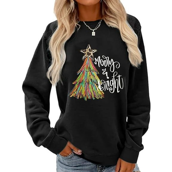 Merry Christmas Sweatshirt Christmas Tree Graphic Casual Long Sleeve Shirt for Women
