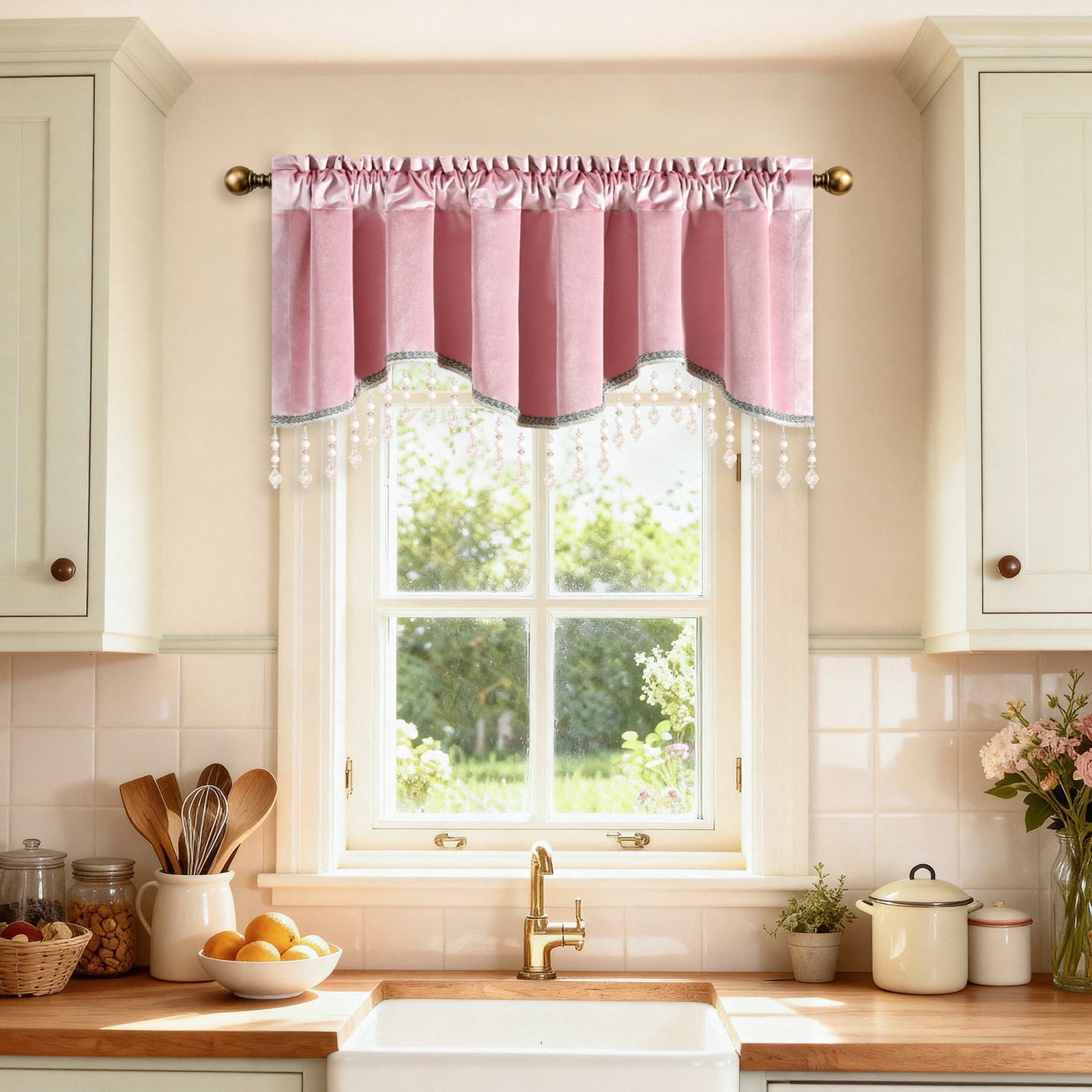 VOGOL Pink Velvet Scalloped Window Valance with Beaded Trim, Elegant Curved Curtain Topper for Bedroom Living Room