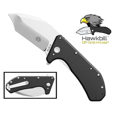 Off-Grid Knives Folding EDC Knife - Hawkbill Collection - Satin & Blackout Editions - Cryo Japanese AUS-8 Blade & Titanium Nitride, G10 Handle, Tip-Up Left or Right Hand Deep Pocket Carry Satin