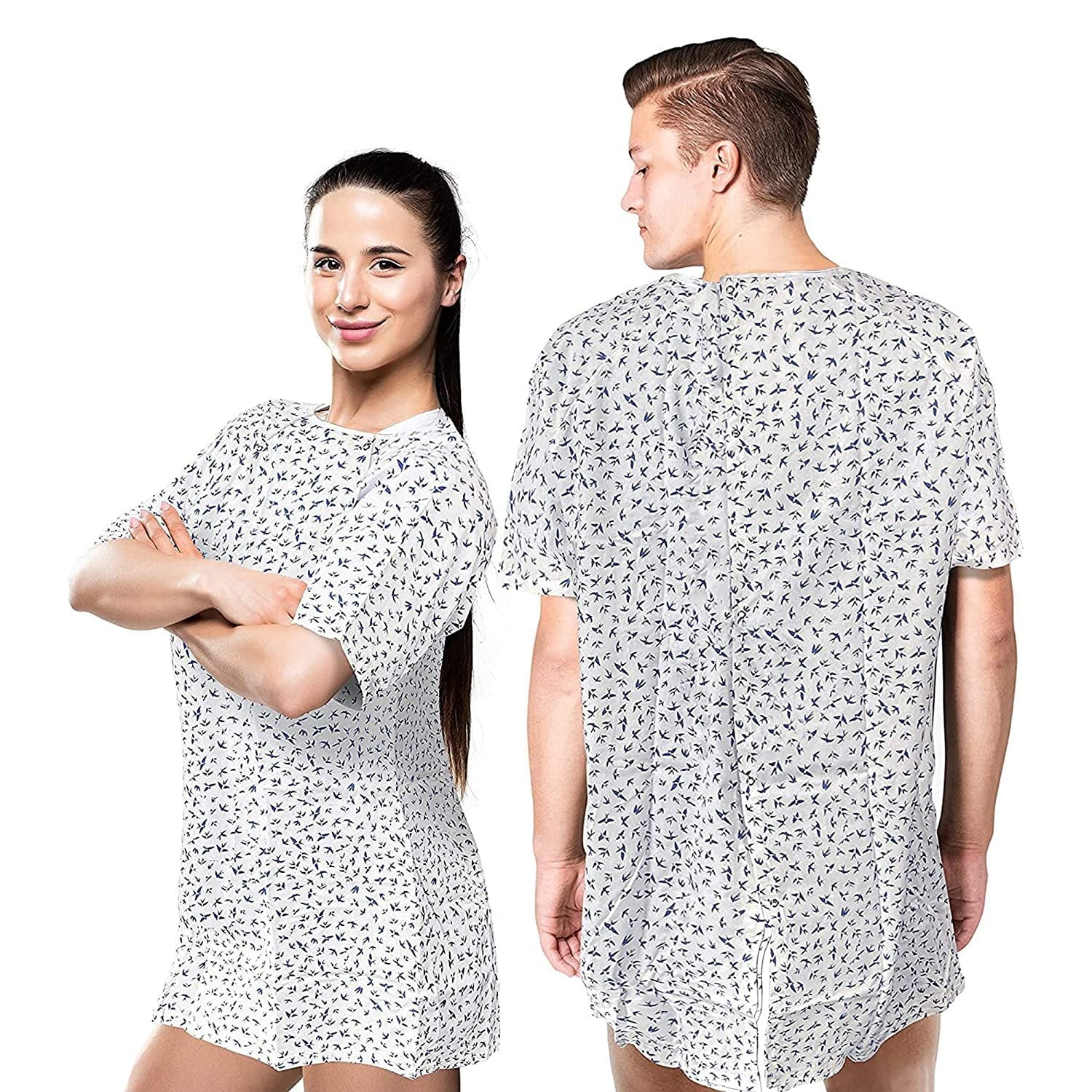 EZGOODZ Adult Hospital Gown White with Bird Print, Pack of 60 Small