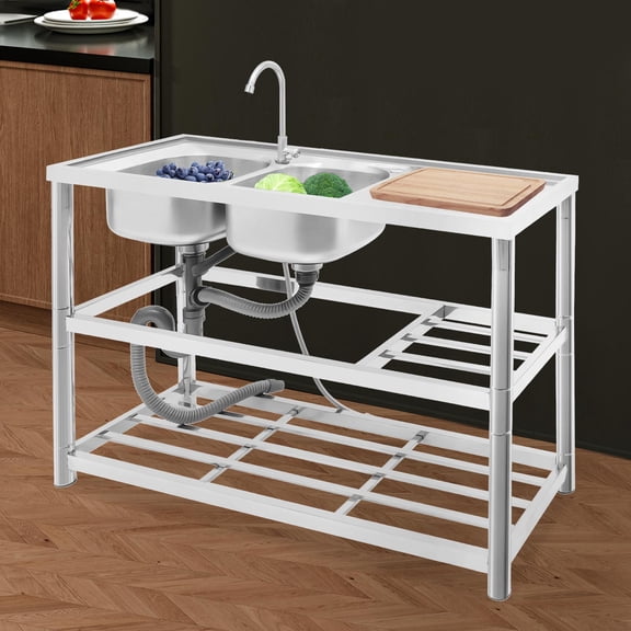 Stainless Steel Commercial Sink Double Bowl with Faucet & Drainboard - Free Standing 3-Tier Kitchen Prep Sink with Storage Shelves, 47" Workstation for Restaurant Indoor Outdoor Use