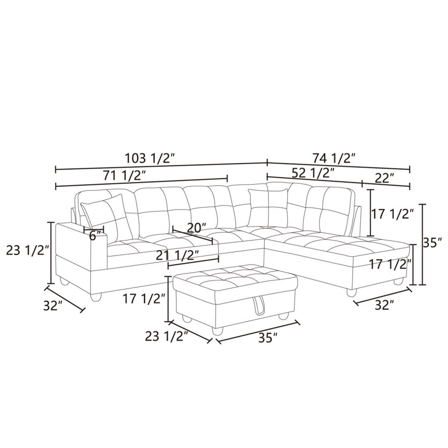 Hommoo Flannel Sectional Sofa, 4 Seat Living Room Furniture Sets, Modern L-Shaped Couches and Sofas Set for Home, Off-white(No Ottomans)