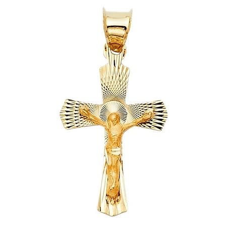 Religious 14k Yellow Solid Gold Lord Jesus Christ Cross Crucifix Pendant Diamond Cut Charm Size 20mm by 14mm