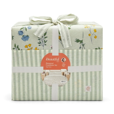 Beautiful 100% Cotton Botanical 3-Piece Sage Green Comforter Set, Full/Queen by Drew Barrymore