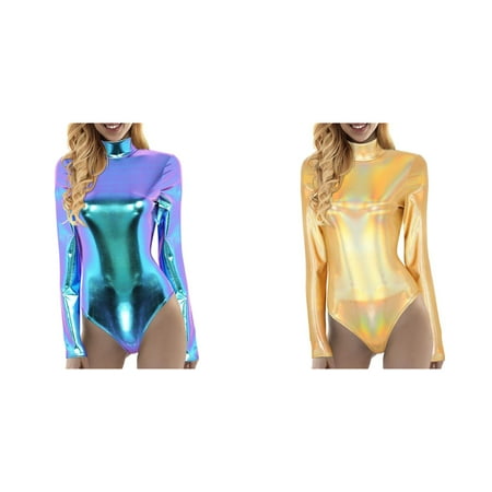 (2-Pack) Rinsvye Women Yoga Jumpsuits Shiny Plus Size Long Sleeve Jumpsuit for Women Metallic Leather Casual Jumpsuit for Women Neck Long Sleeve Leotard Short Jumpsuits for Women Bodysuit