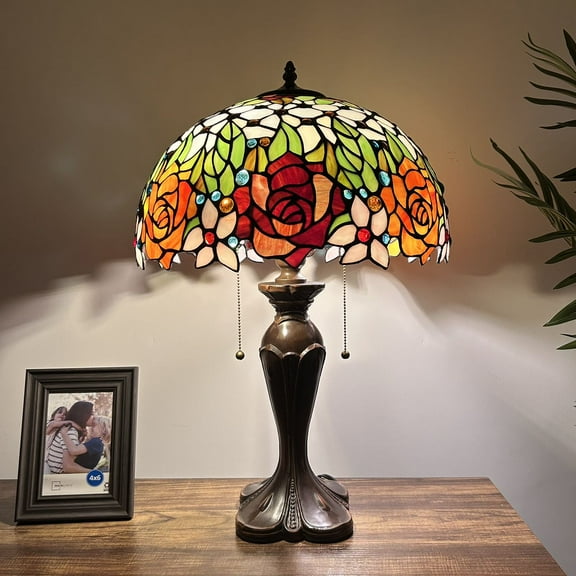 Tiffany Table Lamp Red Orange Stained Glass Rose Flowers LED Bulbs Included For Living Room Bedroom Bedside 16"W*16"D*24"H