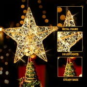 Christmas Star Tree Topper, Lighted Christmas Tree Topper, Hollow Gold Lighted Tree Star, LED Light up Xmas Tree Topper with 30 LE