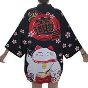 YM YOUMU Women Japanese Kimono Coat Loose Yukata Outwear Tops Fortune Lucky Cat Print