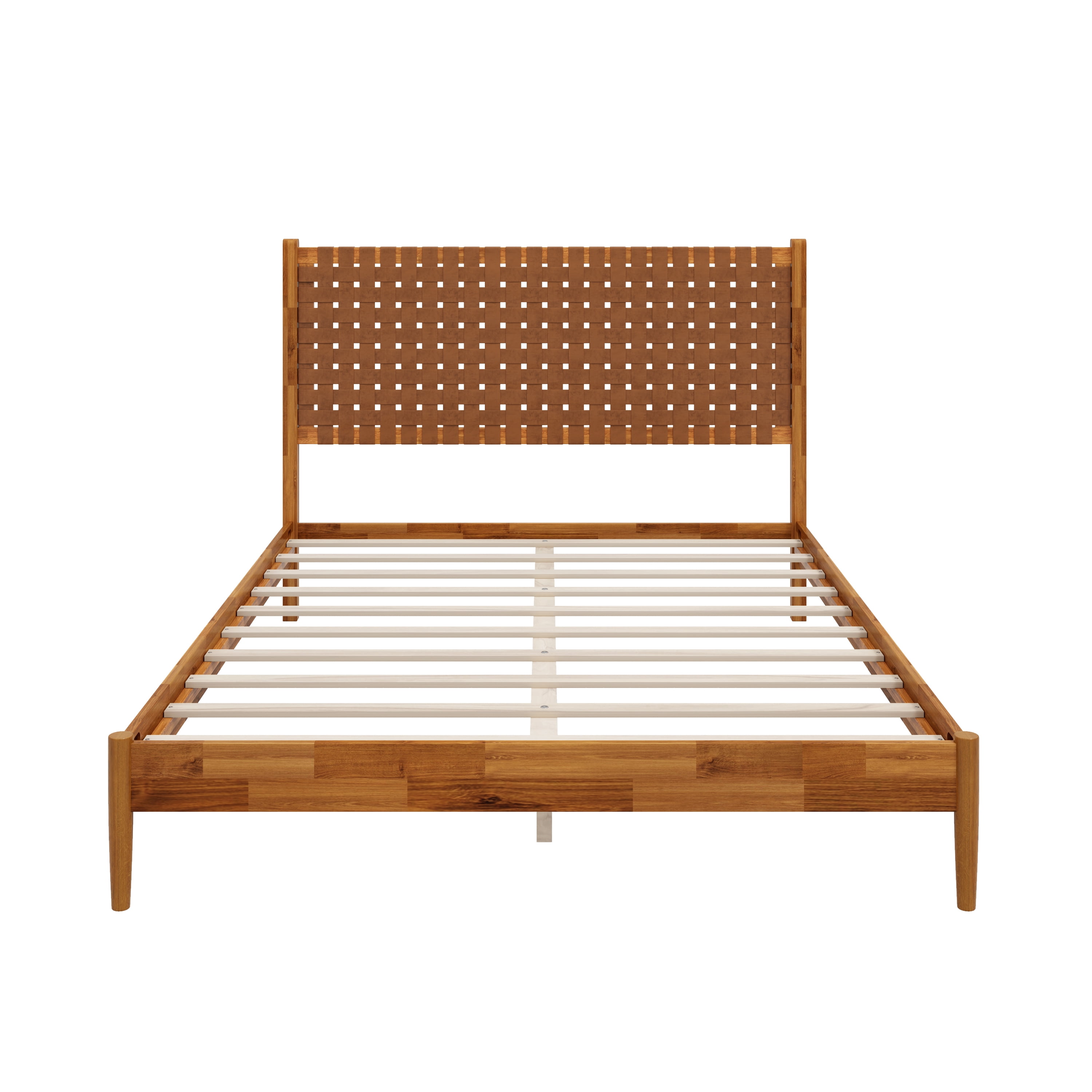 Euroco Solid Acacia Wood Queen Size Platform Bed, Mid-Century Modern Style Bed with Hand-Woven Vegan Leather Headboard, No Box Spring Needed, Caremel