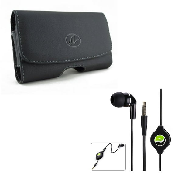 Black Horizontal Leather Case w Retractable Headset MONO Hands-free Earphone Mic A3N for LG X Venture, V50 ThinQ 5G, V40 ThinQ, V35 ThinQ, Charge, G7 ThinQ, G Stylo, 4 Plus 3 2 V Plus