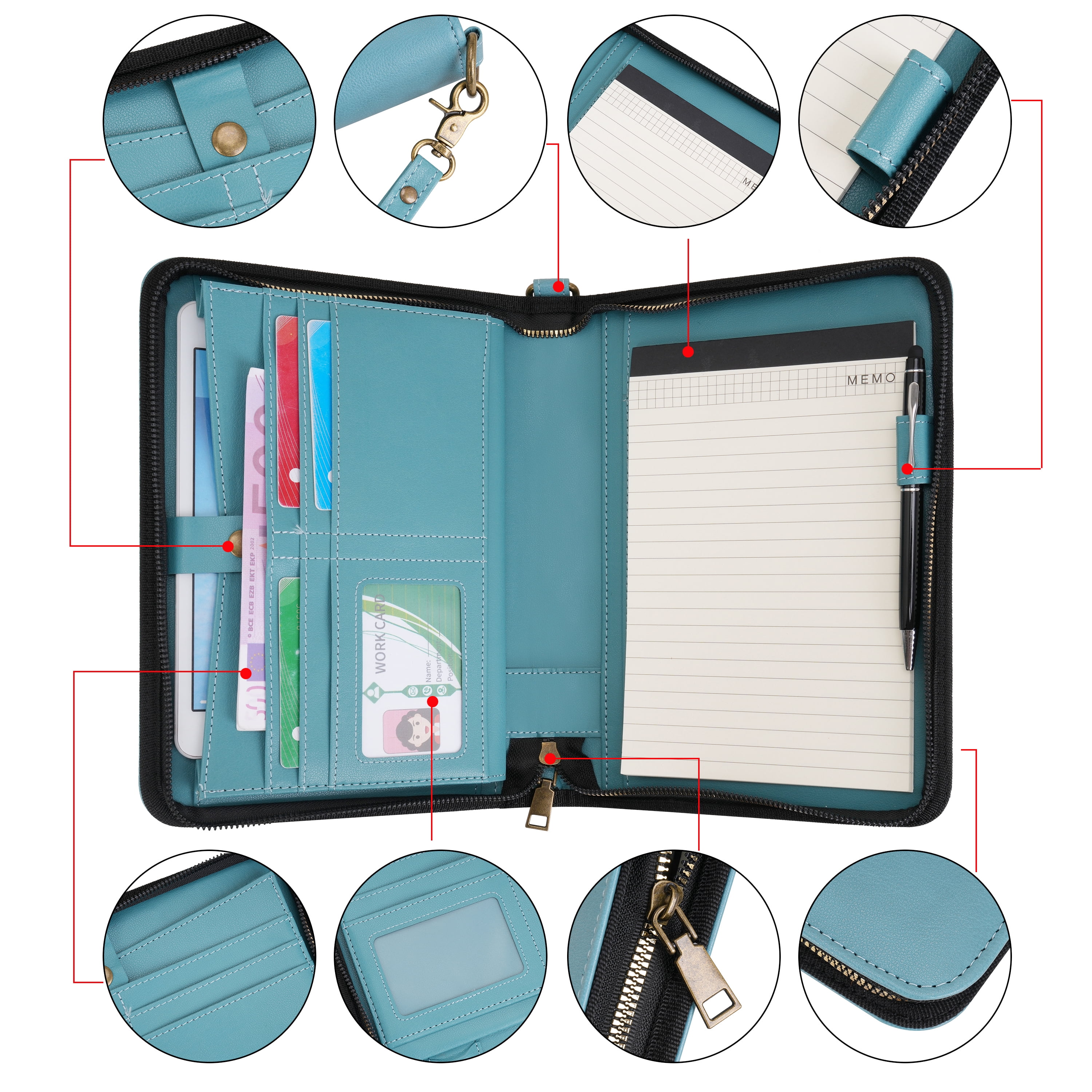 WASON Portfolio A5 Binder Journal with Zipper - Leather pu Writing Notebook Padfolio with Detachable Refillable Notebook, Legal Pad for Business Study and Travel Organizer (Cyan)