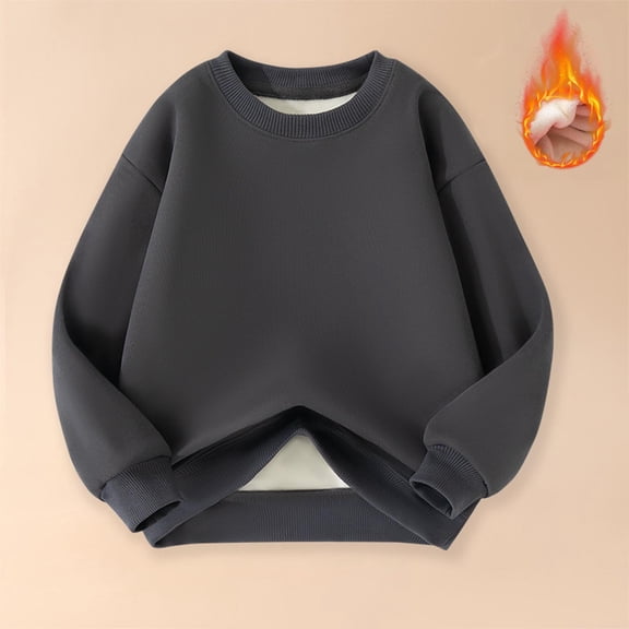 Kids Fleece Lined Crew Neck Sweatshirt Thick Warm Long Sleeve Pullover Tops with Ribbed Cuffs for Daily School Winter Casual Wear Dark Gray 11Y
