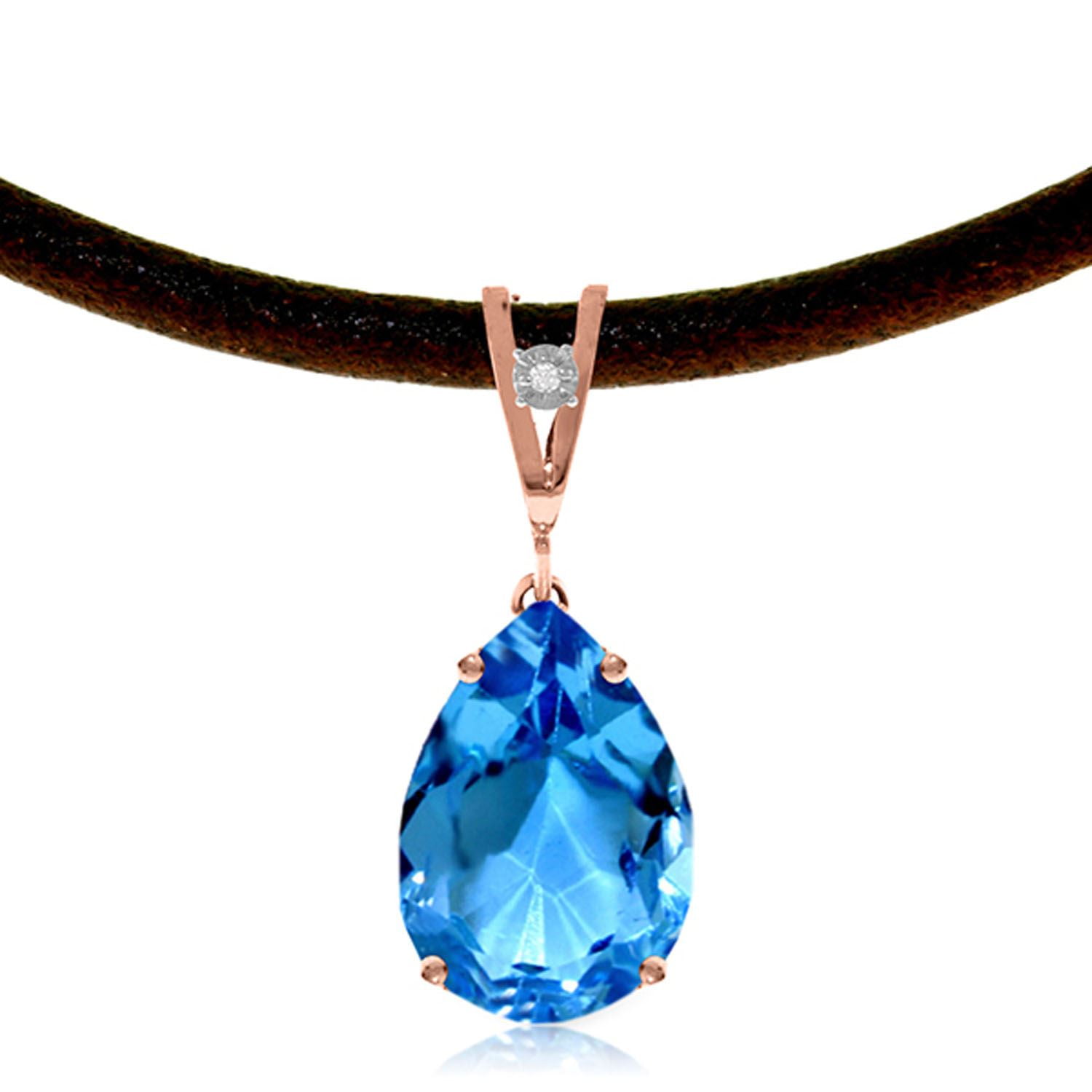 ALARRI 14K Solid Rose Gold & Leather Necklace w/ Diamond & Blue Topaz with 22 Inch Chain Length