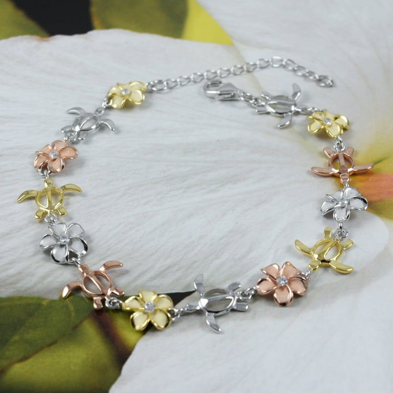 Adjustable Hawaiian Tri-color Sea Turtle Plumeria Bracelet, store Sterling Silver 3-Tone Turtle Flower CZ Bracelet, Valentine Mom Birthday Gift