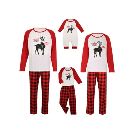 

Huakaishijie Christmas Family Parent-child Pajamas Cartoon Reindeer Raglan Tops + Plaid Trousers Home Clothes Set