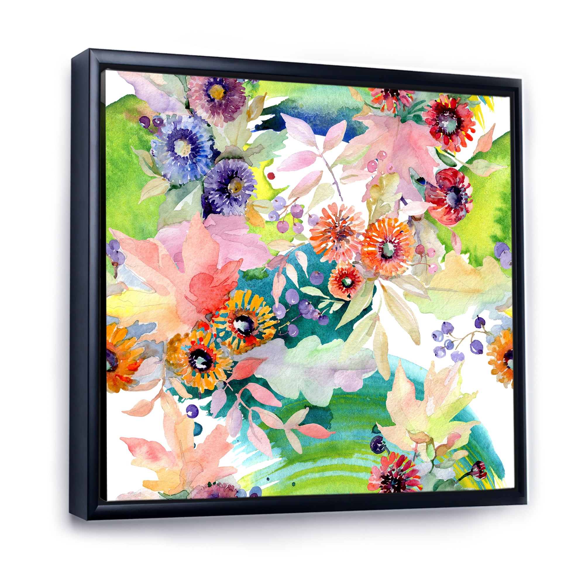 Wildflowers and Vibrant Wild Spring Leaves II 36 in x 36 in Framed Painting Canvas Art Print, by Designart