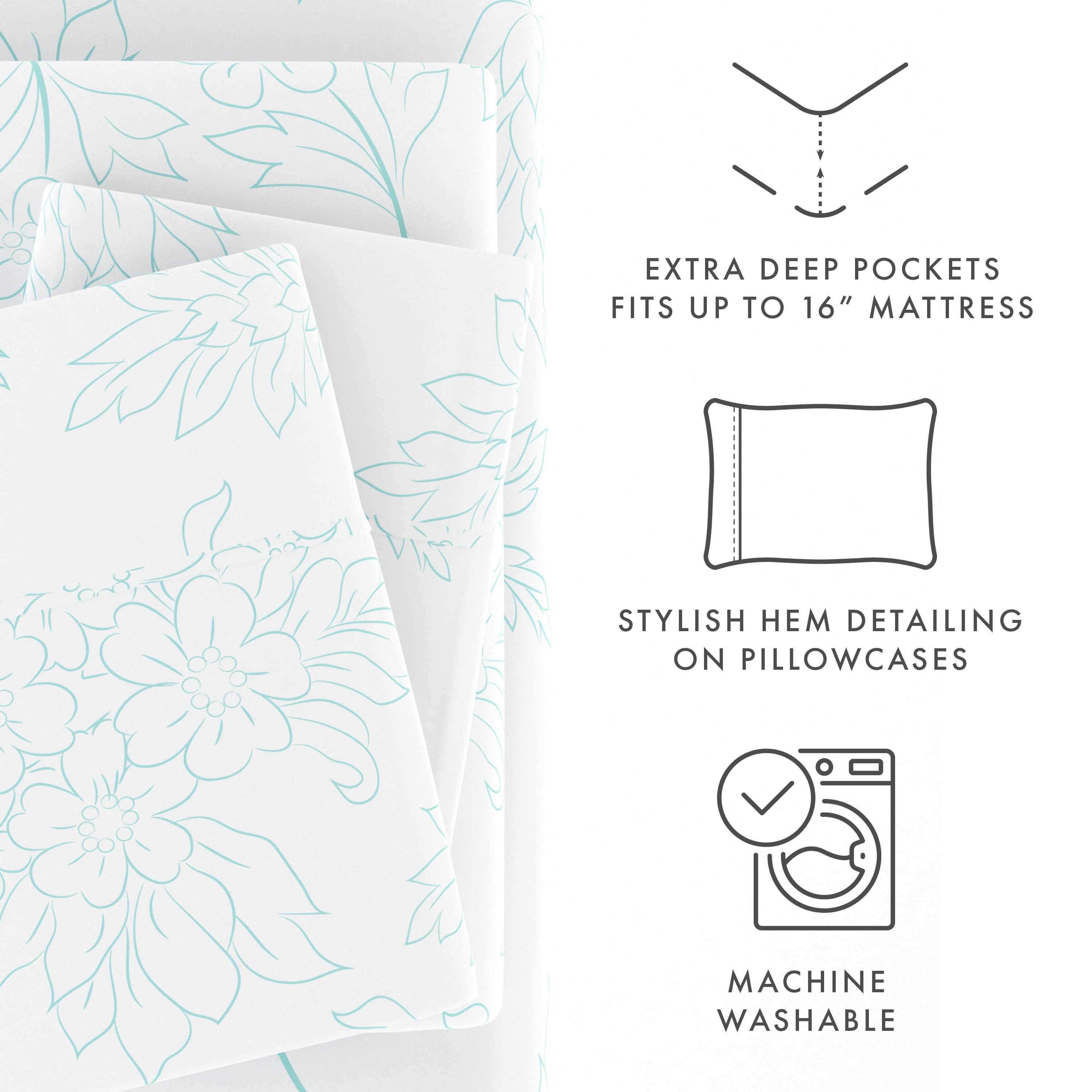 Noble Linens 4 Piece Pattern Microfiber Bed Sheets Set, Aqua Vine, Queen