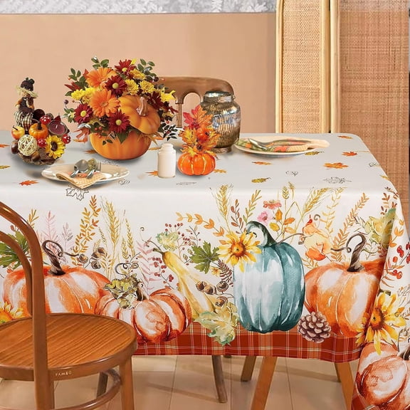 Fall Thanksgiving Tablecloth, Pumpkin Buffalo Plaid Thanksgiving Table Cloth Rectangle 60 x 84 for Farmhouse Decor,Perfect for Kitchen Dinner, Restaurant,Outdoor Holiday Picnic Table Cover
