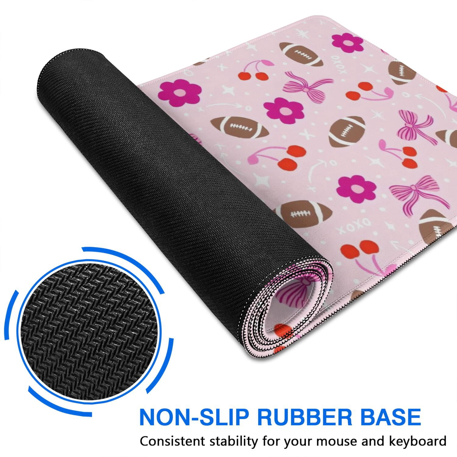 Long Mouse Pads for Desk,Pink Football and Flowers Pattern Desk Mats on Top Of Desks, Desk Mouse Pad Extra Large with 3mm Non-Slip Base and Stitched Edge for Gaming,Office,Work,Home 47.3"x23.6"