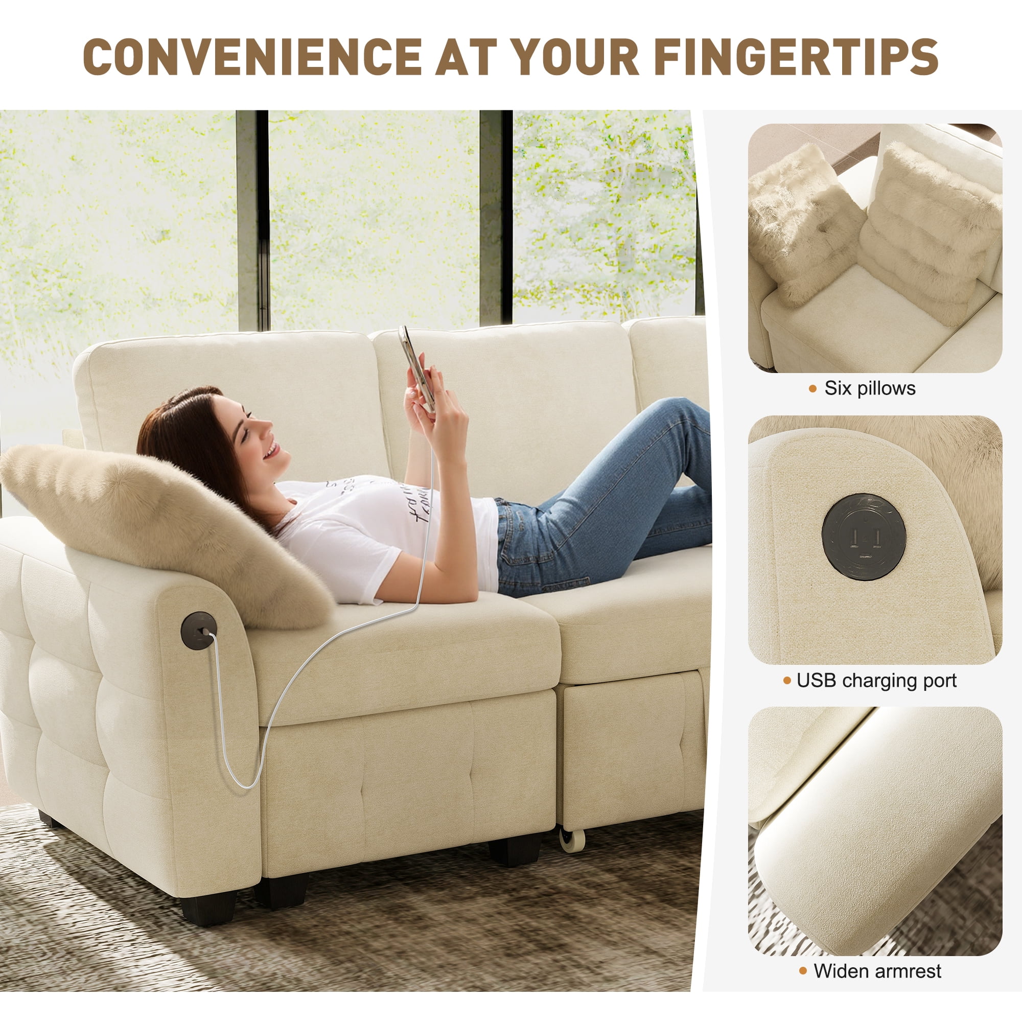 BedLuxury 110" Sectional Sleeper Sofa with Pull Out Bed, Storage Seat & USB Charging, U Shaped Modern Couch for Living Room, Chenille Beige