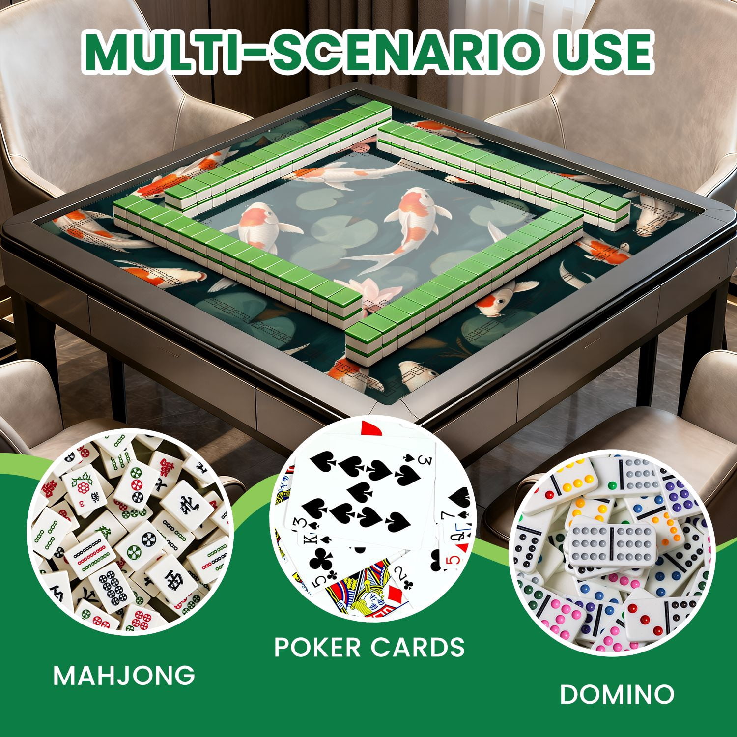 Mahjong Mat 31.5" x 31.5" Seamless fishes lotus Non-Slip Noise Reduction American Mahjong Tiles Table Cover for Dominoes Poker Card Board Games Gift