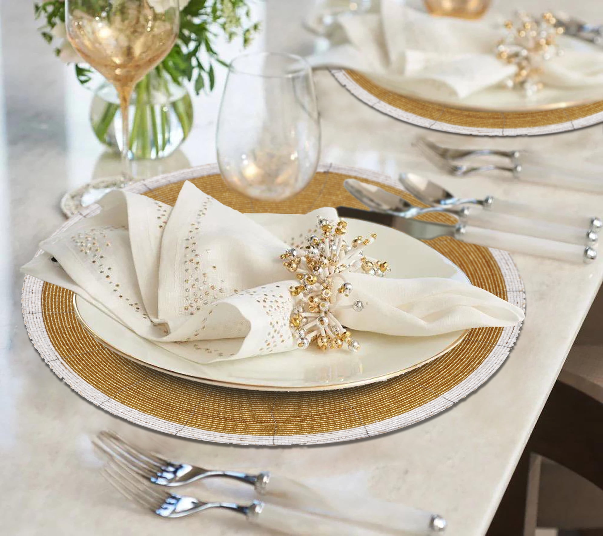 Beaded Placemats Set of 8 for Dining Table, Table Placemats, 14 Inches Round - Gold Ivory