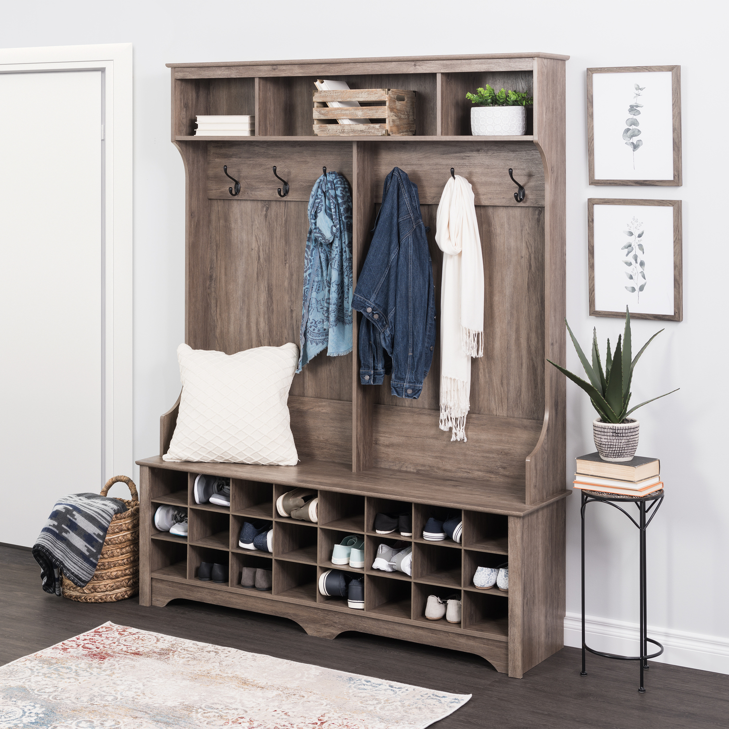 Moon Daughter Narrow Entryway Espresso MDF Wooden Hall Hooks Tree Standalone Seat Bench Shoes 9 Cubbies