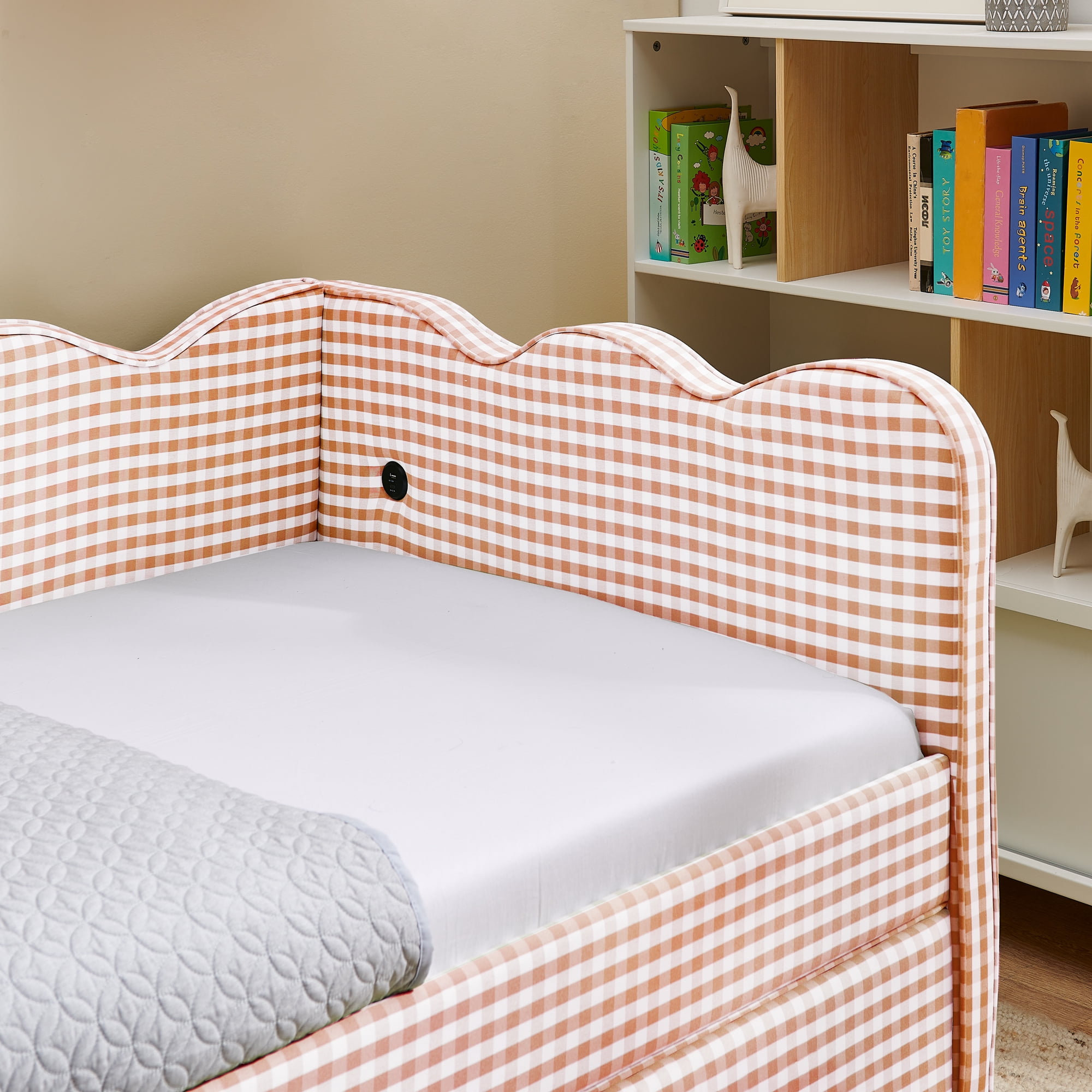 GARITIN Twin Size Daybed with 2 Storage Drawers, Gingham Sofa Bed with USB Port and Wavy Headboard for Kids Room, Pink