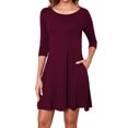 thumbnail image 3 of Asklazy Women's Round Casual Dress Neck 3/4 Sleeves A-line Tshirt Dress with Pocket,US Size,2XL,Wine red, 3 of 9